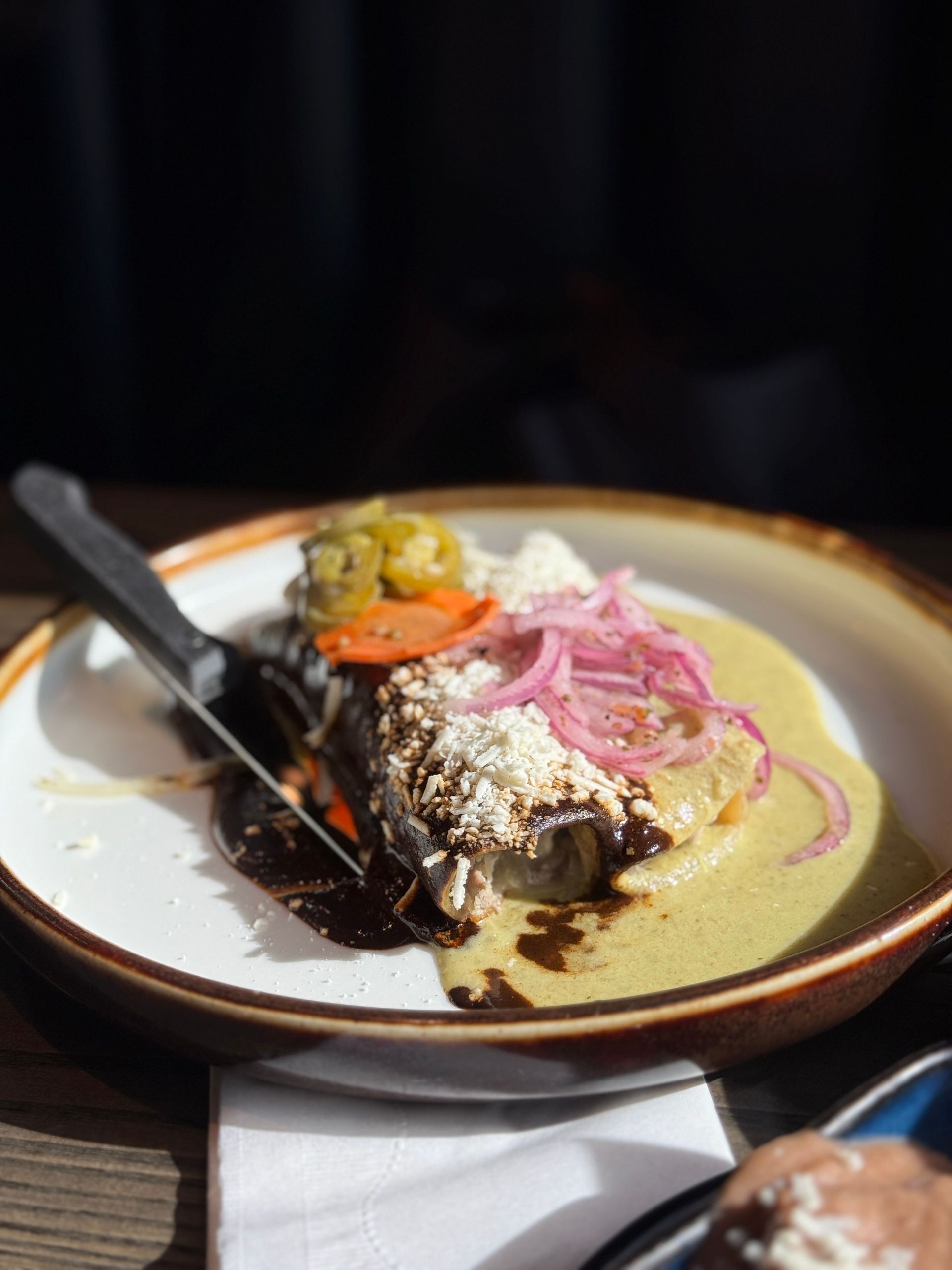 Delicious enchiladas topped with mole sauce, pickled onions, and cheese on a rustic ceramic plate.