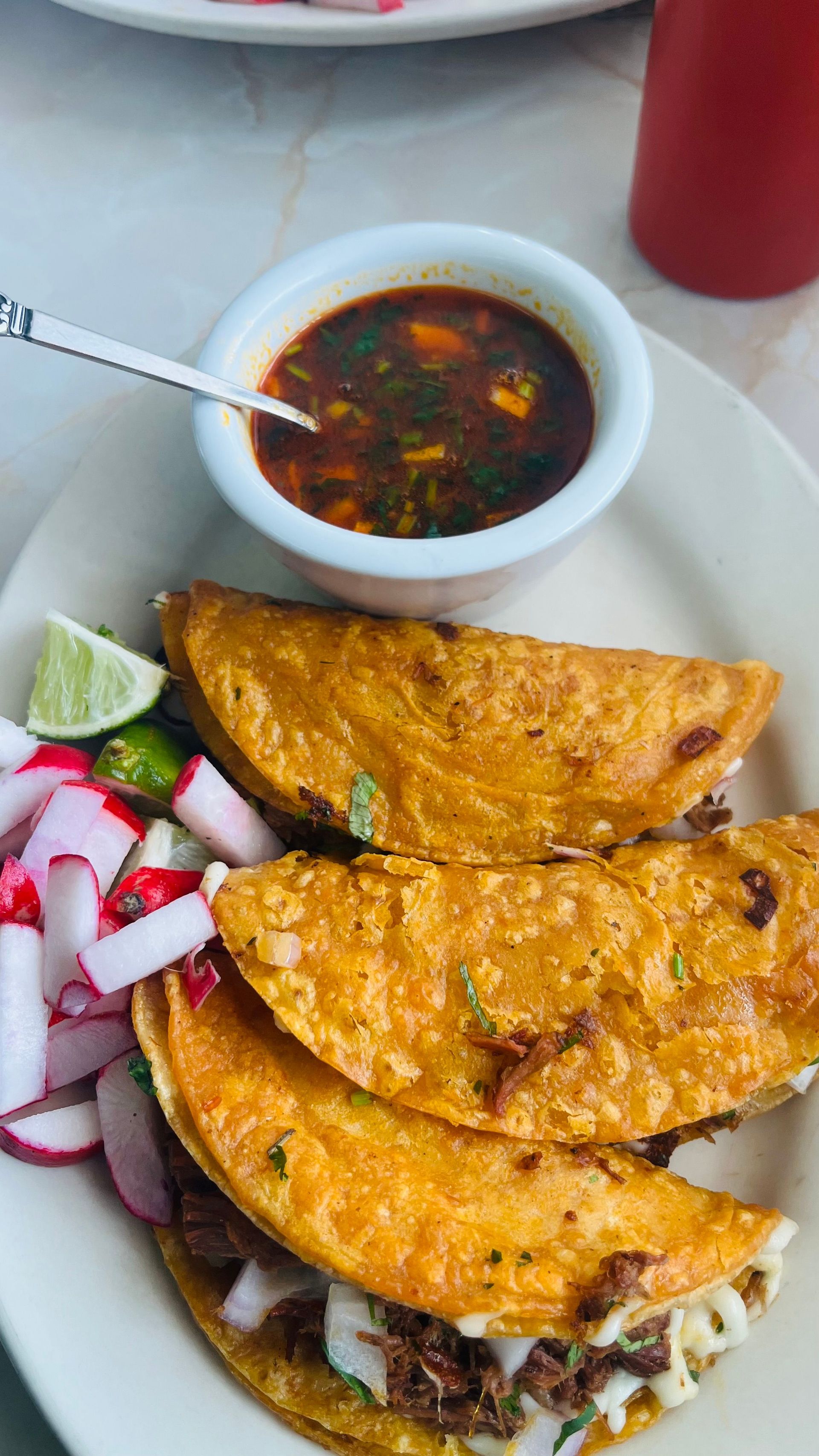 Delicious birria tacos served with consommé and fresh radishes. Perfect for Mexican cuisine lovers.